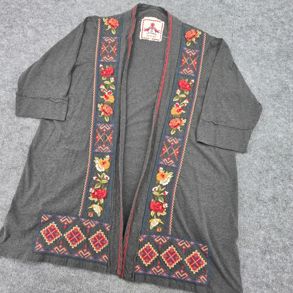 JW Los Angeles Johnny Was Grey Embroidered Floral Open Front Cardigan Large